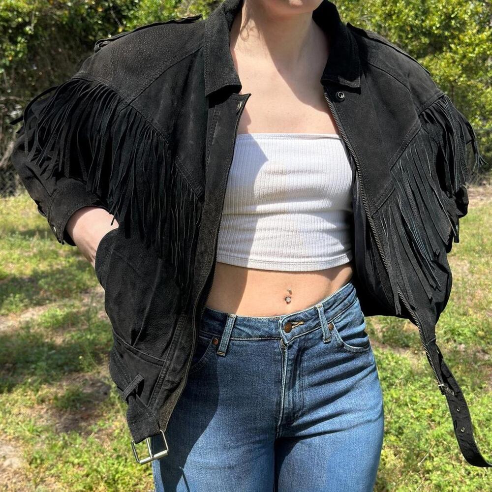 Vintage georgio ferrini black leather suede fringe western jacket